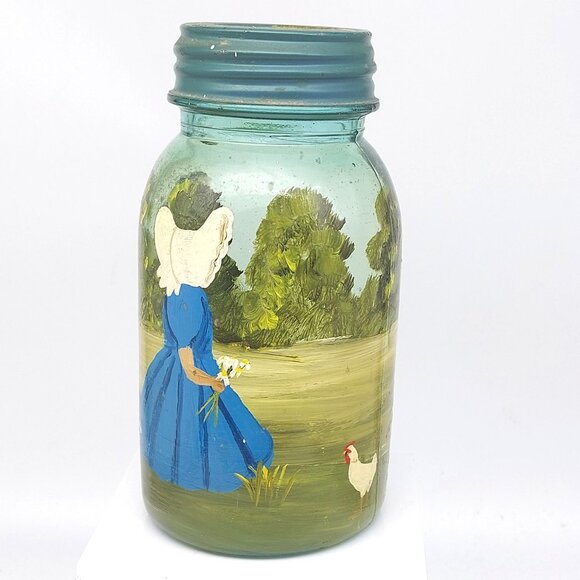 Vintage Hand Painted Girl in Bonnet with Chickens Ball Perfect Mason Jar #1 Blue - Picture 1 of 7